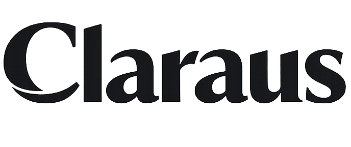 Claraus official white logo representing a global editorial platform for companies, founders, executives, and organizations